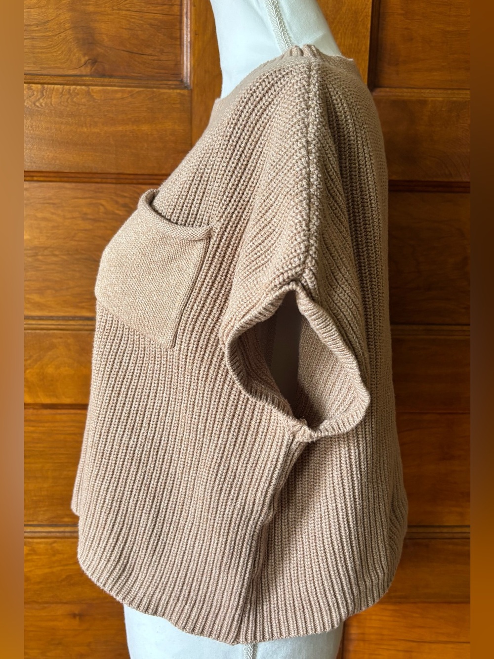Women’s Ribbed Short-Sleeve Cropped Sweater Top in Light Brown - Picture 2 of 7